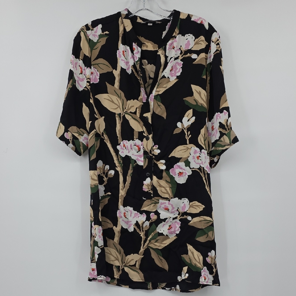 Tucker Silk Black and Tan Floral Top Size M